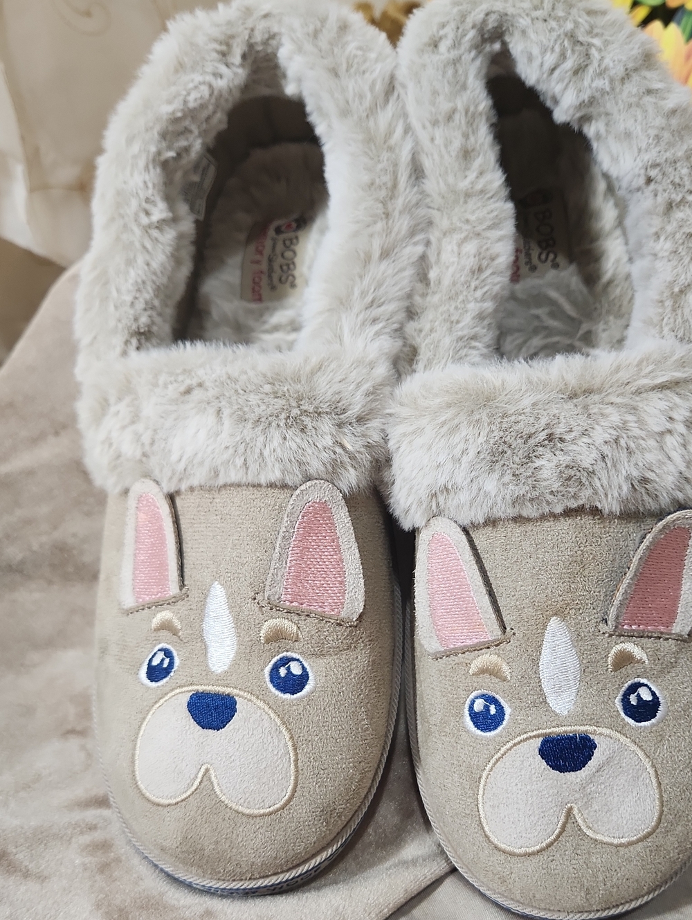 BOBS from Skechers Taupe Bunny Face Plush Slip-On Slippers